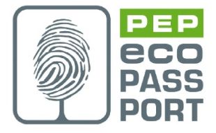 Al lado izquierdo, una huella digital que representa un árbol. Al lado derecho, PEP Ecopassport escrito en carácter mayúsculo. 